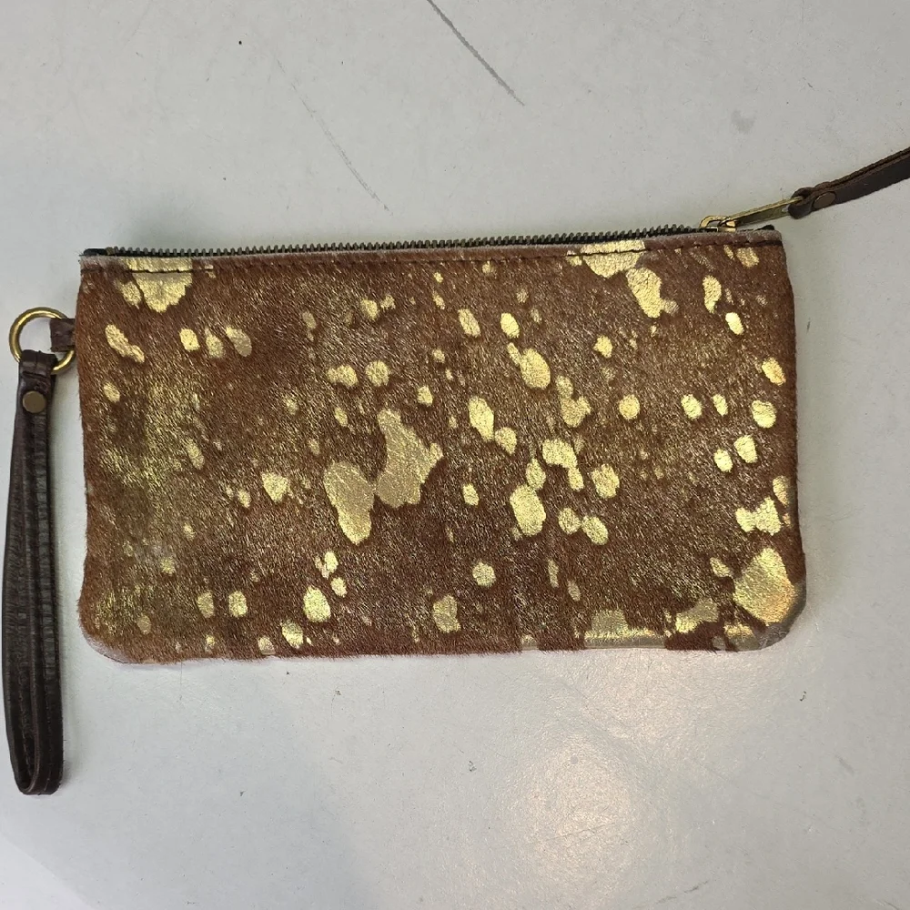 Wild Goose WG Gold and Brown Leather‎ Cowhide Hair Wristlet Clutch